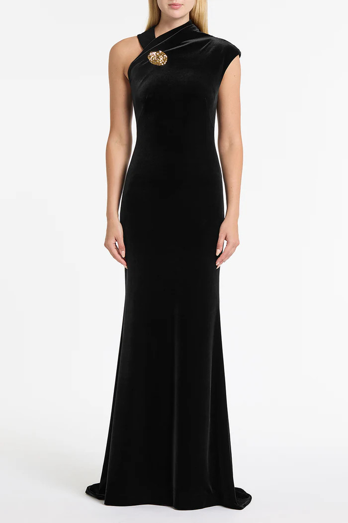 BLACK VELVET GOLD BUTTON GOWN | Carla Zampatti