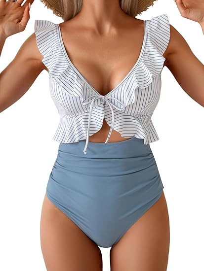 Eomenie One Piece Swimsuit for Women Tummy Control Ruffle Bathing Suit V Neck Ruched Swim Suit Sl... | Amazon (US)
