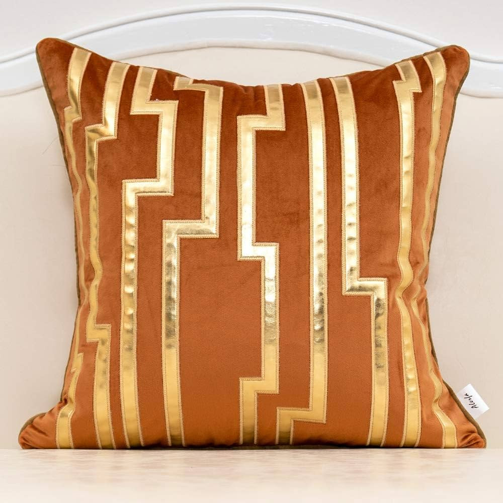 Alerfa 20 x 20 Inches Orange Geometric Gold Leather Striped Cushion Cases Luxury European Throw P... | Amazon (US)