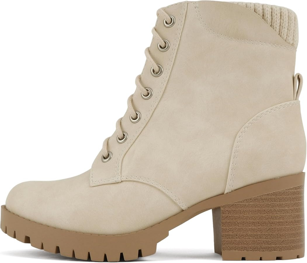 Soda Single Lug Sole Chunky Heel Combat Ankle Boot Lace up w/Side Zipper | Amazon (US)
