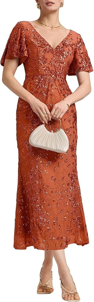 Ever-Pretty Women's Gorgeous V Neck Sequin Tulle Short Sleeves Bodycon Maxi Formal Evening Gowns ... | Amazon (US)