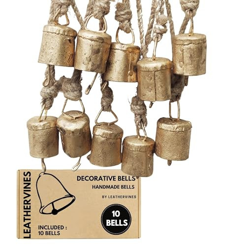 Small Vintage Rustic Lucky Tin Metal Cow Bells Handmade Christmas Décor Bells on Jute Rope (10, Cylinder) | Amazon (US)