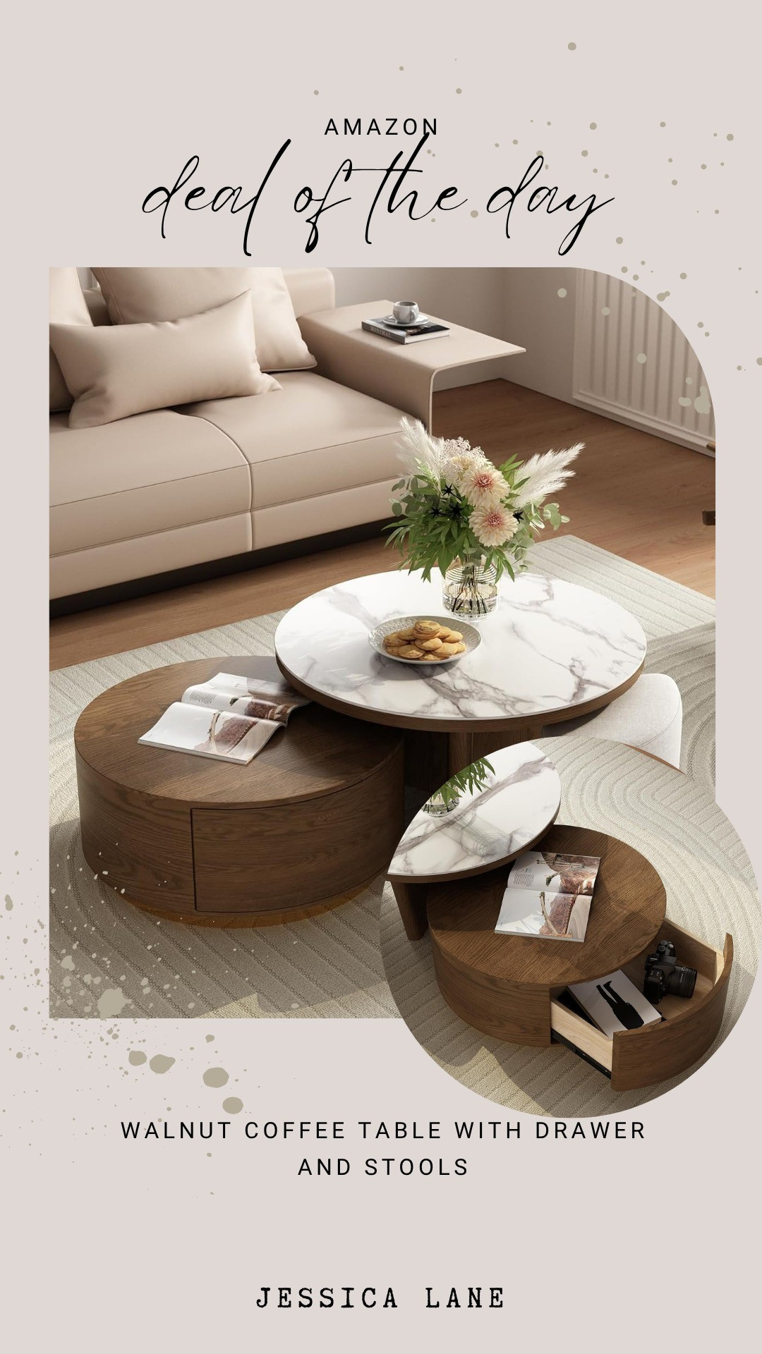 Maximize your living space with this multifunctional walnut coffee table featuring hidden storage and matching stools. The marble-top nesting design is both practical and luxurious for modern homes. #coffeetable #amazonhome #smallspacerules #interiorstyling

#LTKSaleAlert #LTKHome