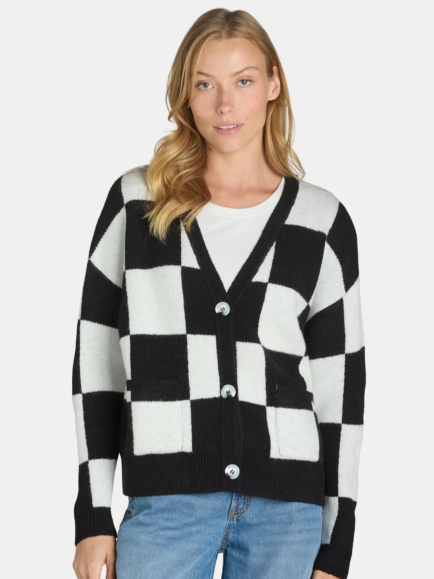 99 Jane Street Women's Checker Cardigan Sweater, Midweight, Sizes XS-XL | Walmart (US)