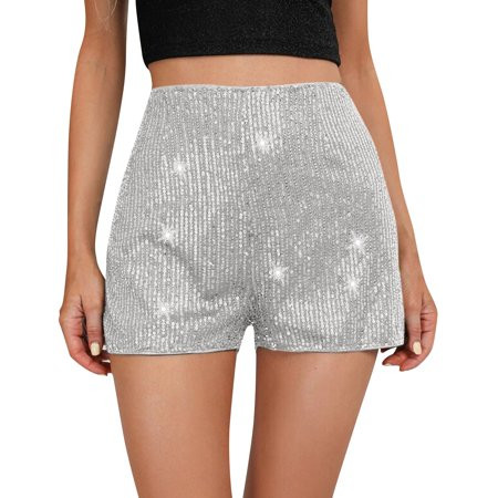 Knosfe Women s Sequins High Elastic Waist Straight Leg Shorts Solid Glitter Party Shorts White M | Walmart (US)