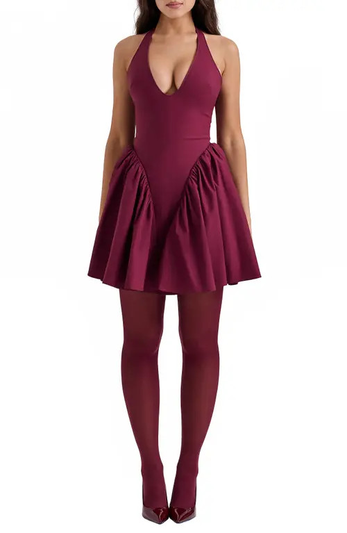HOUSE OF CB Valentia Plunge Halter Neck Stretch Cotton Minidress in Windsor Wine at Nordstrom, Size Medium Long | Nordstrom