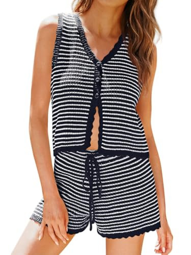 Tankaneo Womens 2 Piece Shorts Set Striped Summer Vacation Outfits Button Down Knit Vests Tops Casual Beach Matching Sets | Amazon (US)