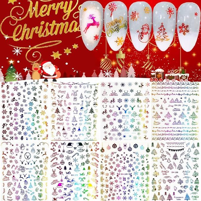 Christmas Nail Stickers, 3D Holographic Christmas Nail Decals Colourful Snowflakes Santa Claus Re... | Amazon (US)