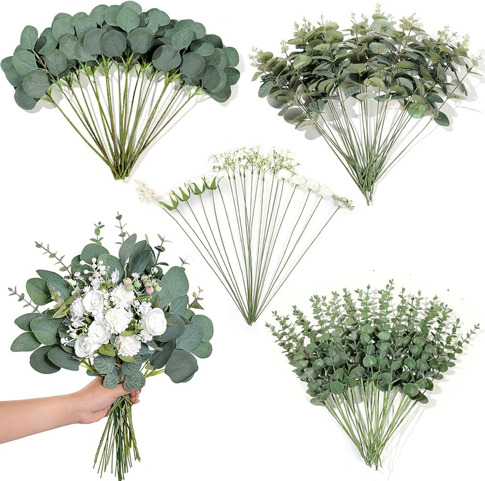 110 Pcs 7 Kinds Mixed Artificial Eucalyptus Stems and Faux Flowers,Fake Silver Dollar Eucalyptus ... | Amazon (US)