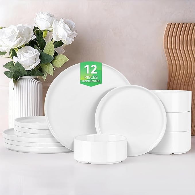 12 Pcs White Dinnerware Set for 4, Porcelain Kitchen Plates and Bowls Set, Ceramic Chip and Scrat... | Amazon (US)