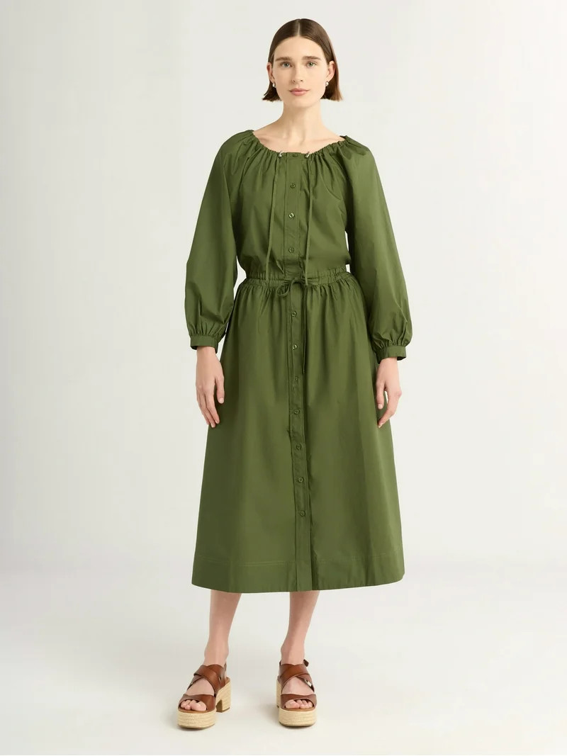 Free Assembly Women's Gathered Neck Cotton Maxi Dress with Long Sleeves, XS-XXXL | Walmart (US)