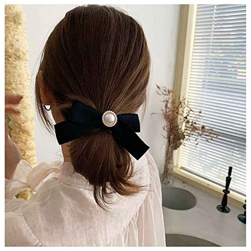 W WEILIRIAN Black Bow Hair Ties Pearl Bow Ponytail Holder Elastic Bow Hair Rope Tie Hair Bow Bands Rope Cloth Bow Ties Hair Accessories for Women and Girls | Amazon (US)