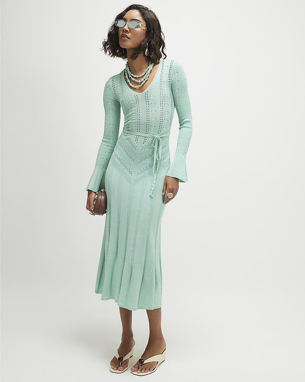 Blue Metallic Flare Knitted Midi Dress | River Island UK & IE