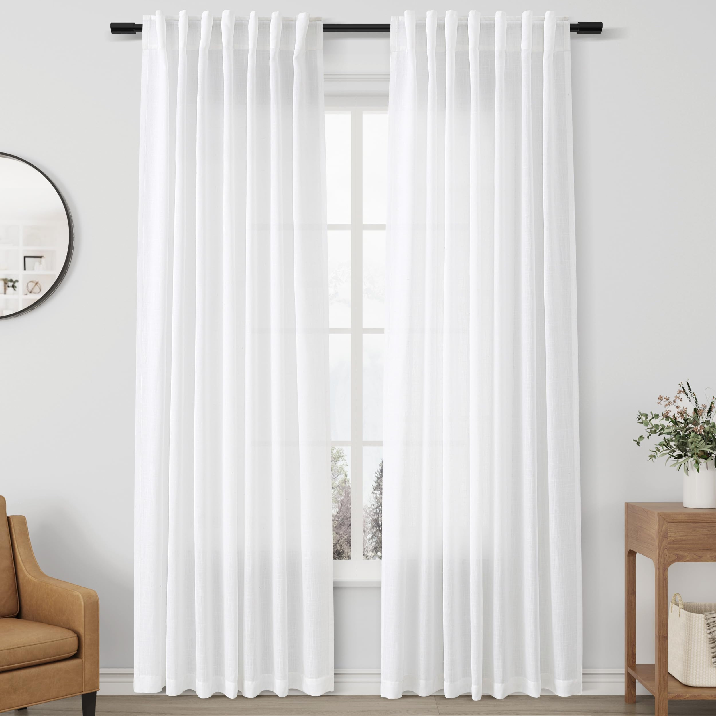 White Linen Curtains 84 Inches 2 Panel Set Long Back Tab Rod Pocket Light Filtering Semi Sheer Curtains for Living Room Privacy Aesthetic Modern Elegant Boho Decor Cotton Textured Window Drapes | Amazon (US)
