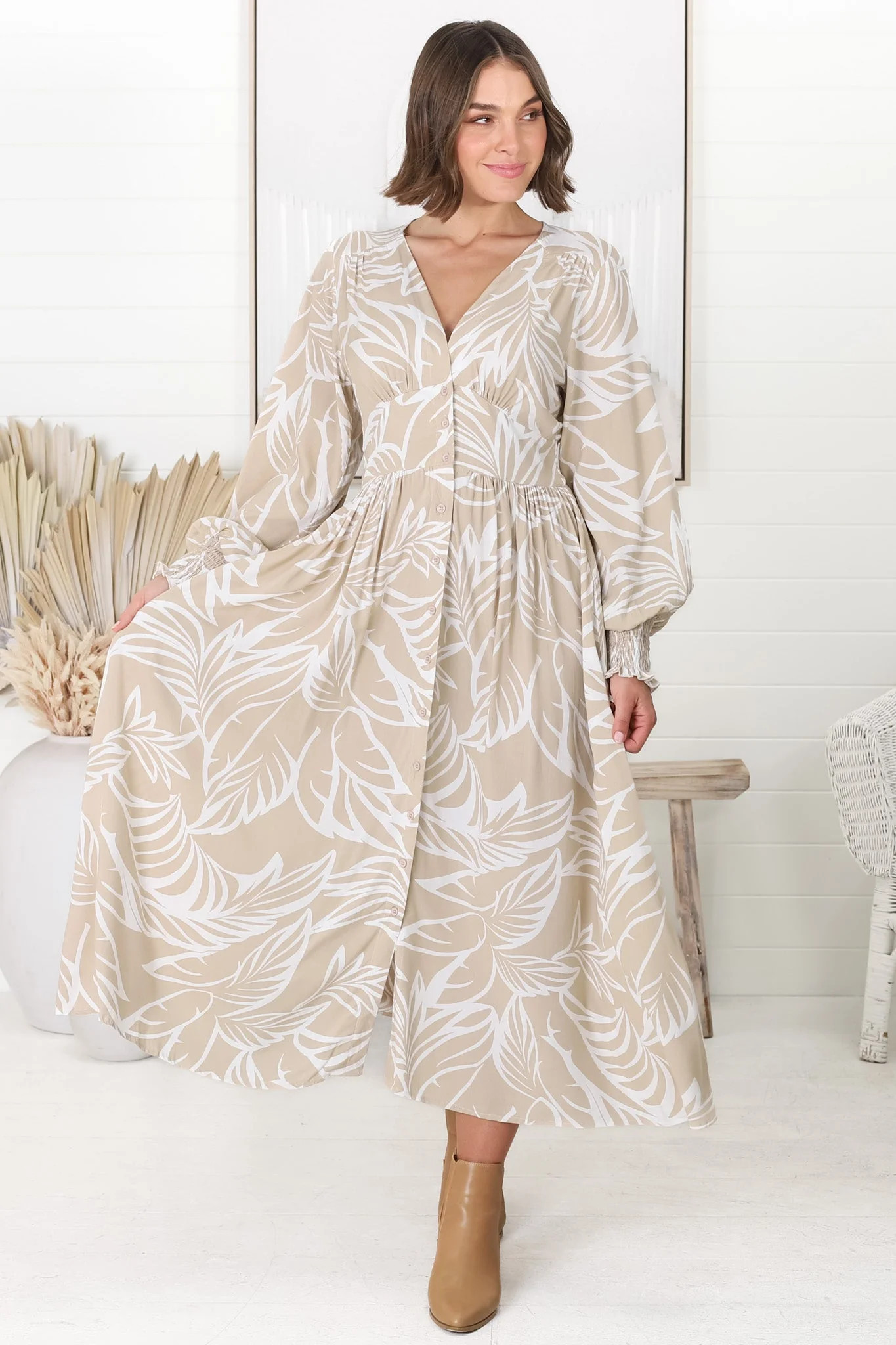 Shop Dresses: Jolie Midi Dress - Jeani Print Beige | saltycrush.com | Salty Crush