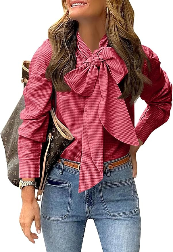 Cicy Bell Womens Plaid Shirts Bow Tied Neck Button Down Long Sleeve Casual Dressy Blouse Tops | Amazon (US)