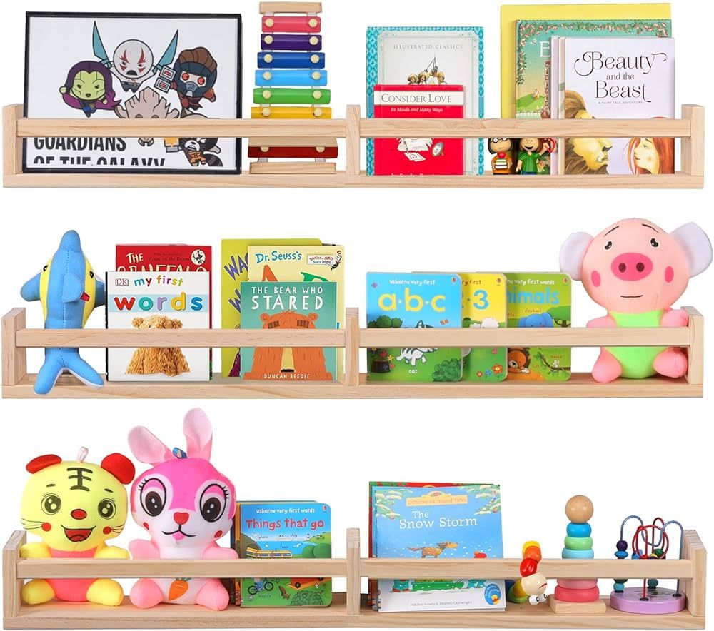 Nursery Book Shelves for Wall Set of 3，Natural Wood Wall Bookshelves for Kids Room - Book Shelf... | Amazon (US)