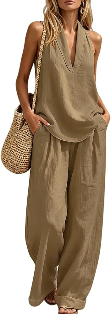 Womens Boho Linen 2 Piece Sets Summer Sleeveless Halter V Neck Tank Top Wide Leg Pants Matching L... | Amazon (US)