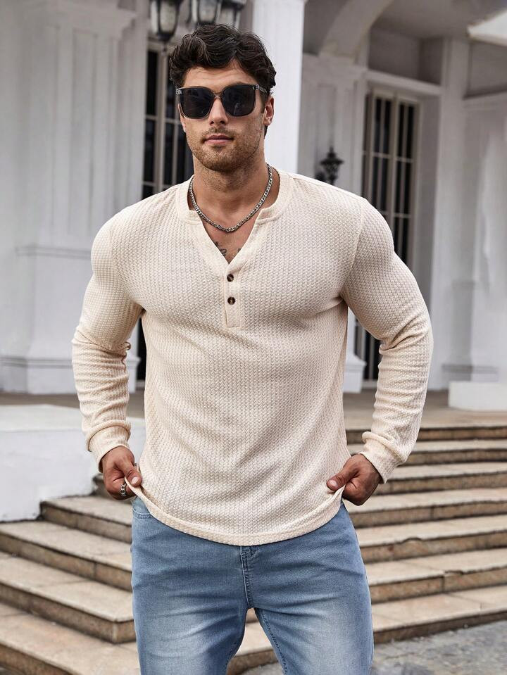 Manfinity RelaxMax Men Notched Collar Waffle Knit Long Sleeve T-Shirt | SHEIN