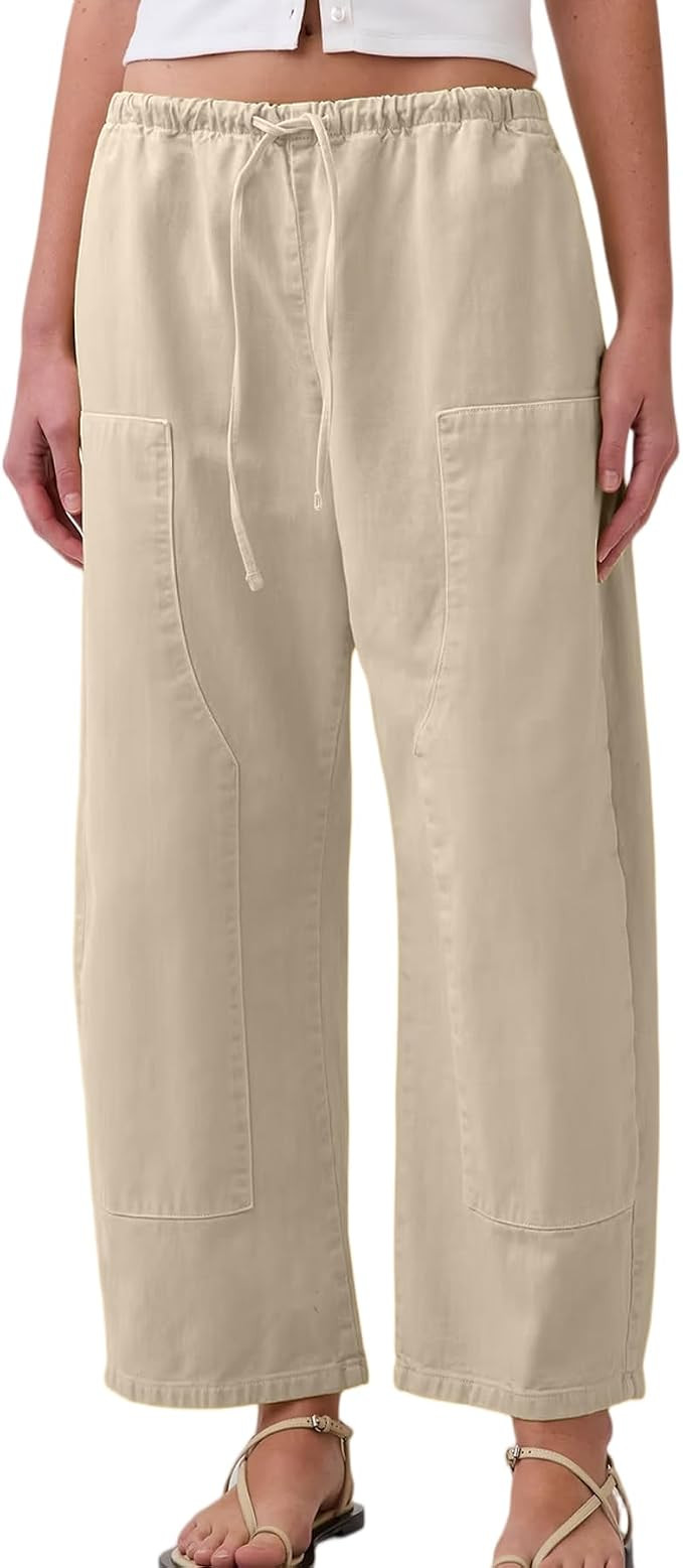 Ainangua Womens Double Knee Barrel Pants Elastic Waist Palazzo Pants Wide Leg Cropped Lounge Pant... | Amazon (US)