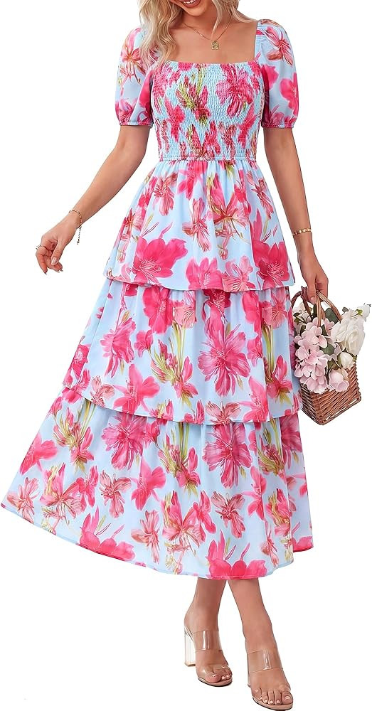 BTFBM Womens Square Neck Smocked Dress Summer Puff Short Sleeve Floral Casual Ruffle Tiered Maxi ... | Amazon (US)