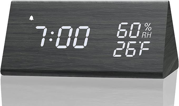 Digital Alarm Clock, with Wooden Electronic LED Time Display, 3 Alarm Settings, Humidity & Temper... | Amazon (US)