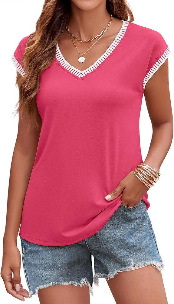 Zeagoo Women's Summer Tops Cap Sleeve Casual Shirts 2025 V Neck Basic Tshirts Loose Fit Trendy Te... | Amazon (US)