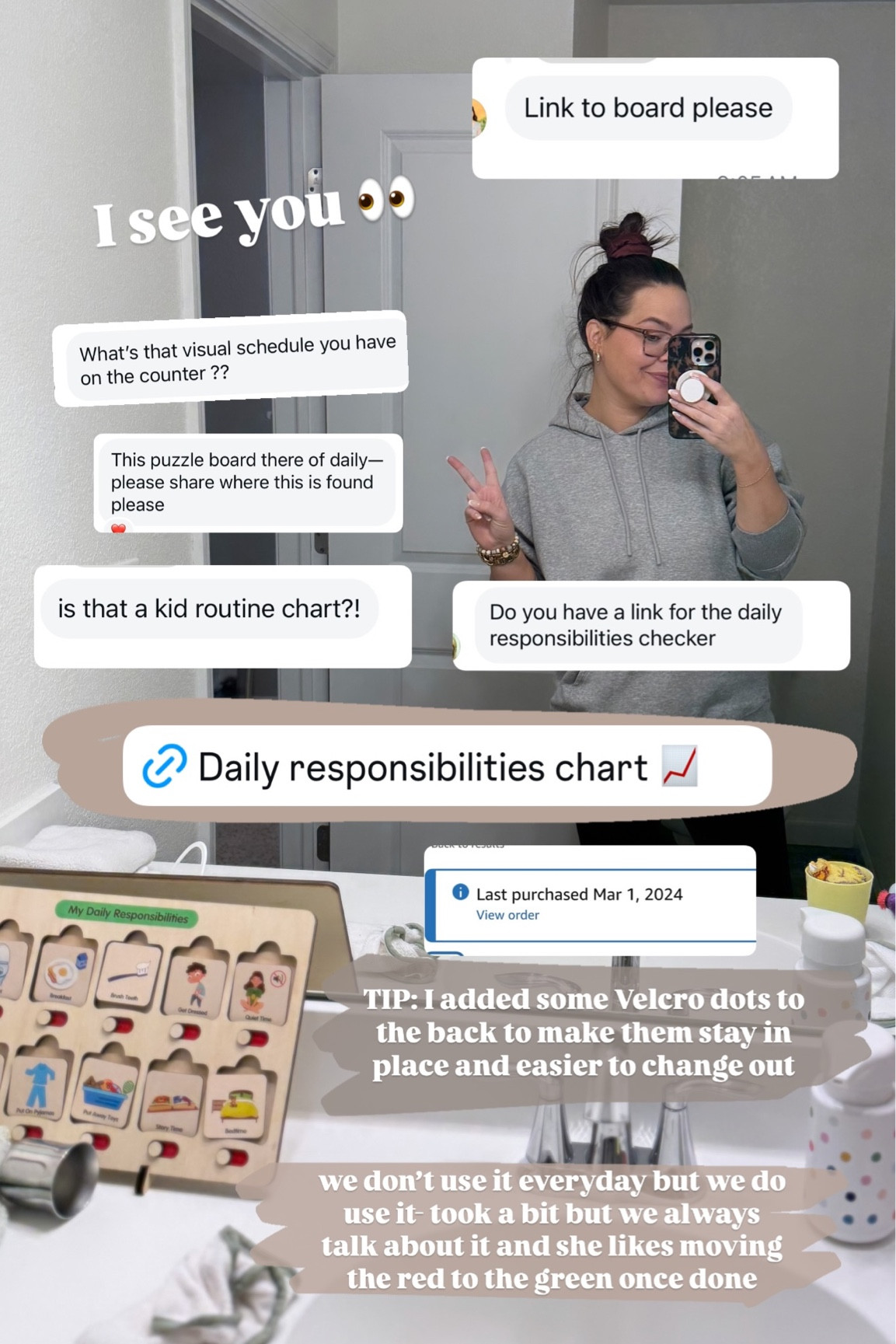 We love using this daily responsibilities chart with our toddler! TIP: I added some Velcro dots to the back to make them stay in place and easier to change out  we don’t use it everyday but we do use it- took a bit but we always talk about it and she likes moving the red to the green once done // toddler chart

#LTKKids #LTKFindsUnder50 #LTKFamily