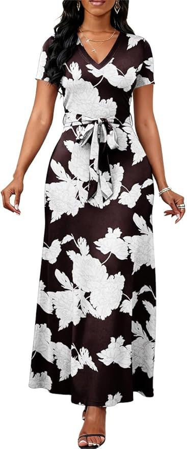 Women's V-Neck Short Sleeve Maxi Dress Self-Tie Belted Flowy Summer Casual Dress with Pockets | Amazon (US)