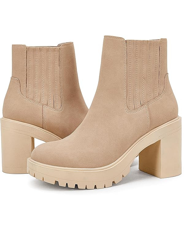 Womems Platform Lug Sole Ankle Boots Chunky Block Heel Seam Booties Combat Cozy Round Toe Chelsea... | Amazon (US)