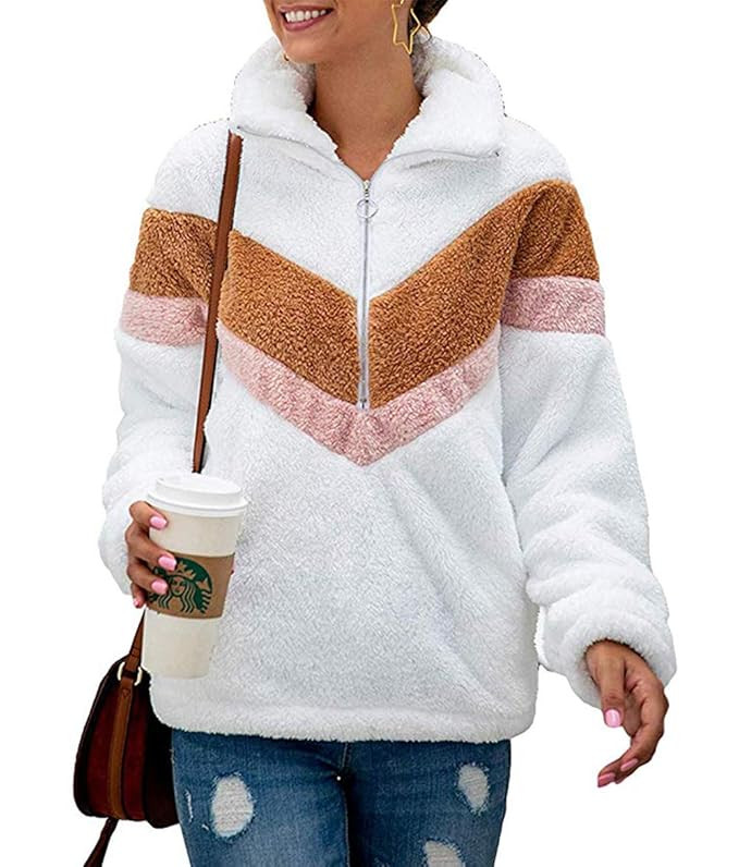 PRETTYGARDEN Women's Warm Long Sleeve Lapel Zipper Color-Block Striped Fuzzy Fleece Pullover Sher... | Amazon (US)