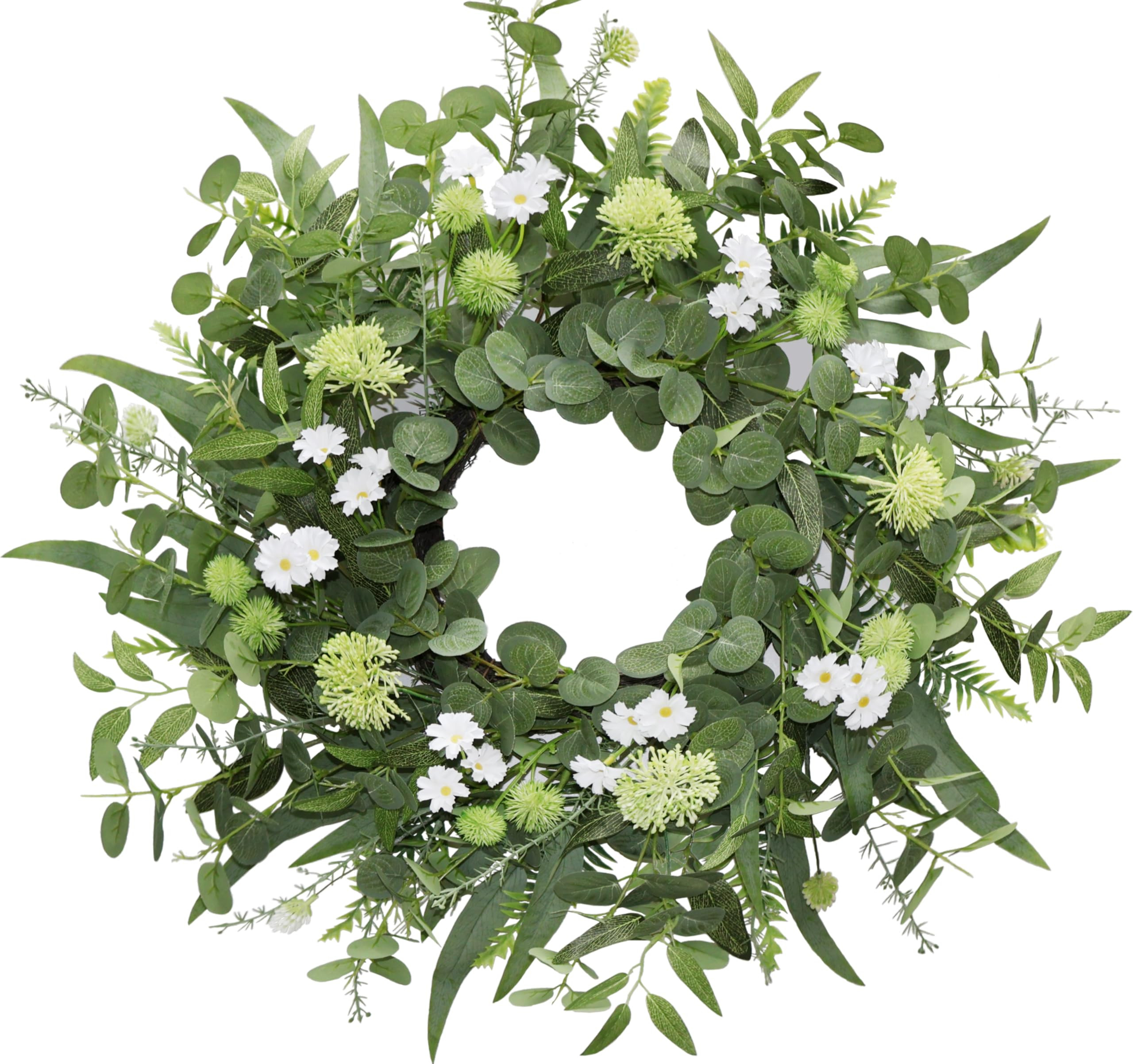 22"-24" Green Eucalyptus Wreaths for Front Door with White Flowers – Lifelike Spring, Summer, a... | Amazon (US)