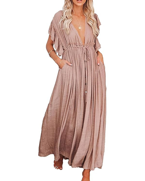 Conshvi Womens Ruffles Short Sleeve Shirt Maxi Dress Deep V Neck Button Down Tie Waist Pleated Dr... | Amazon (CA)