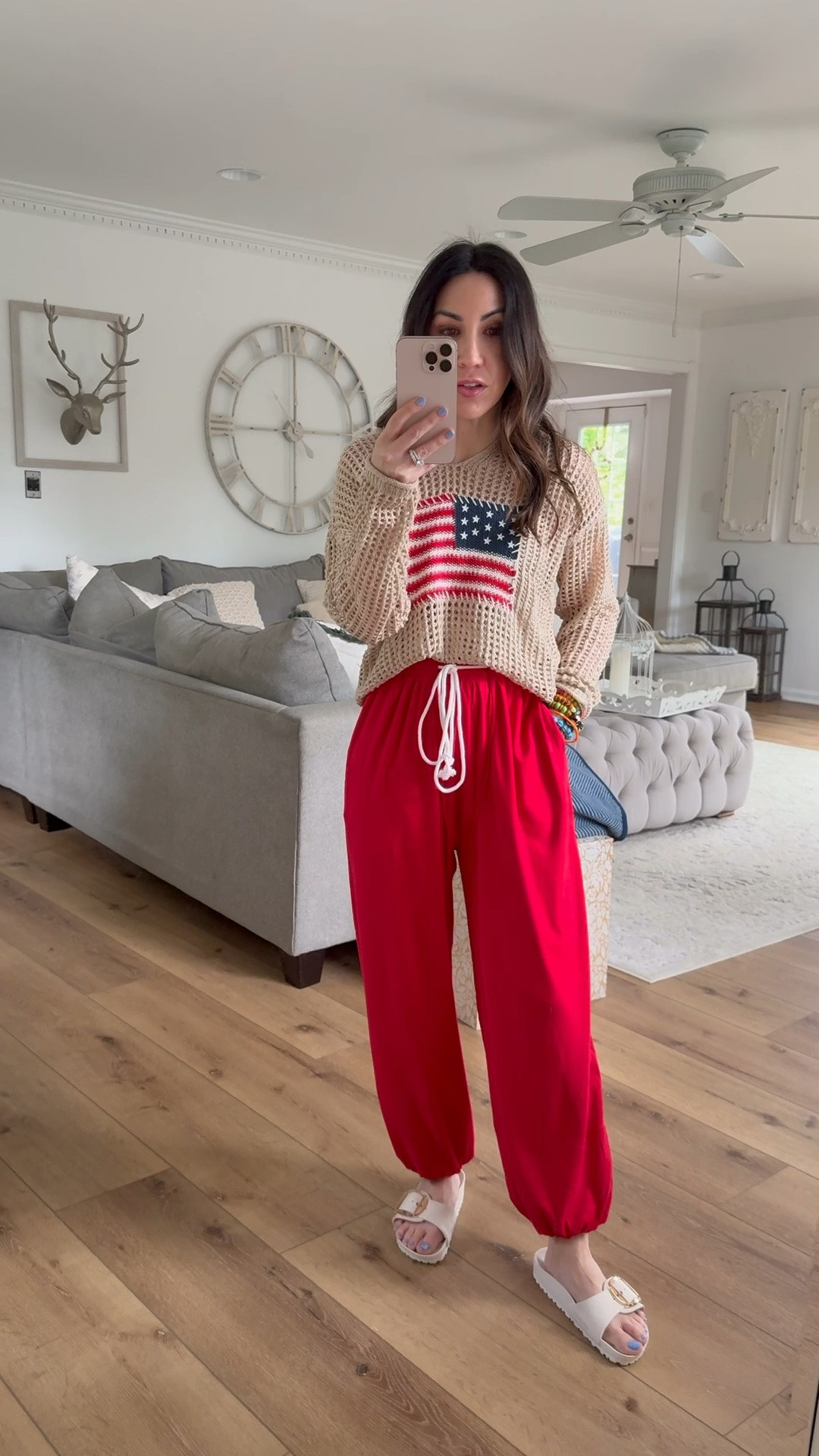 Sweater code LTK10. Jewelry code HOUSEOFLEO20. Flag sweater small. Red jogger sweatpants small. Sandals TTS.

#LTKSaleAlert #LTKOver40 #LTKPetite