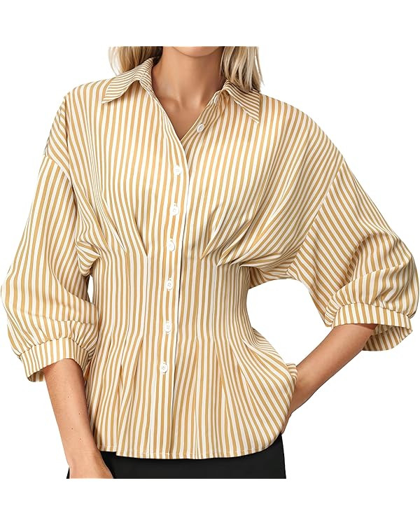 Nlife Women Peplum Tops Cinched Waist Button Down Shirt Collared 3/4 Sleeve Flattering Business C... | Amazon (US)