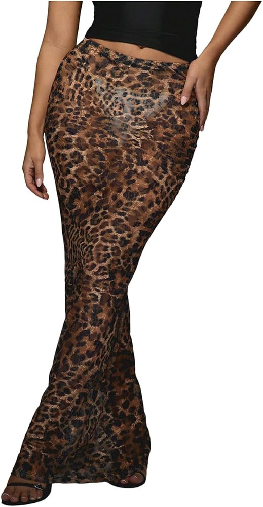 GORGLITTER Women's Leopard Maxi Skirt Mesh See Through Low Waist Y2K Bodycon Skirts | Amazon (US)