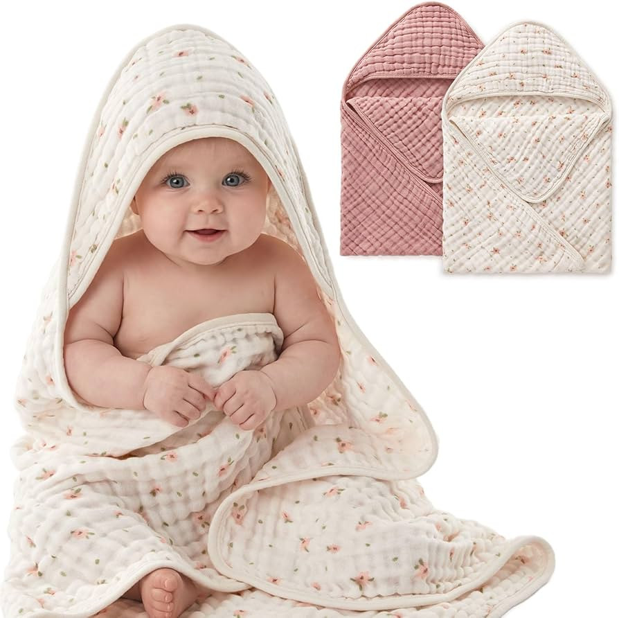 Blissful Diary Muslin Baby Hooded Towel 2 Pack, Soft & Absorbent Bath Towel for Baby Girls, Infan... | Amazon (US)