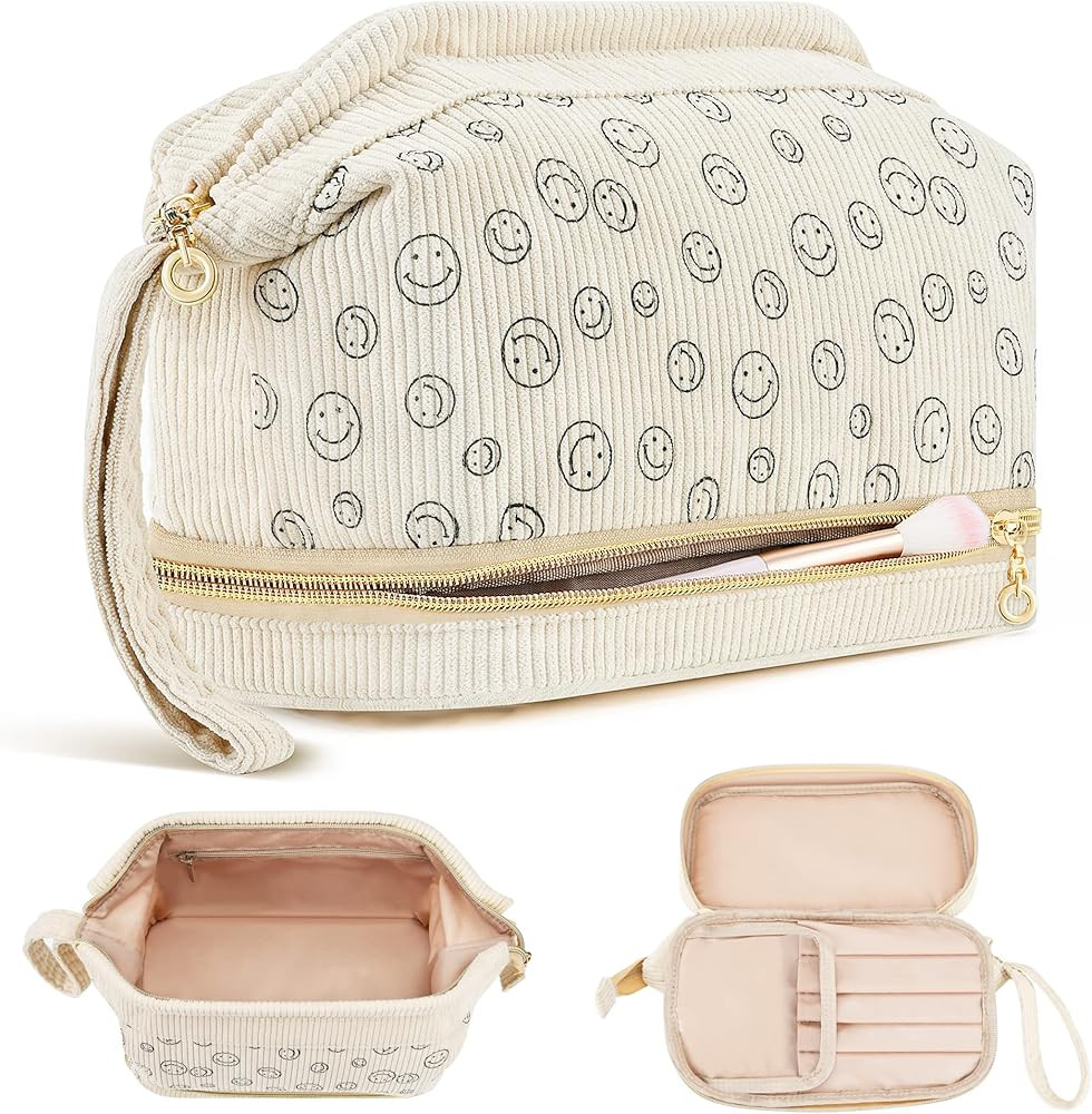 Travel Makeup Bag, Large Double Layer Make Up Cosmetic Bag for Women, Wide-open Makeup Pouch Orga... | Amazon (US)