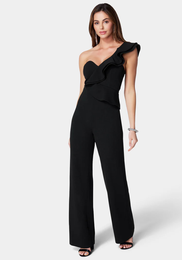 One Shoulder Ruffle Crepe Jumpsuit | Bebe