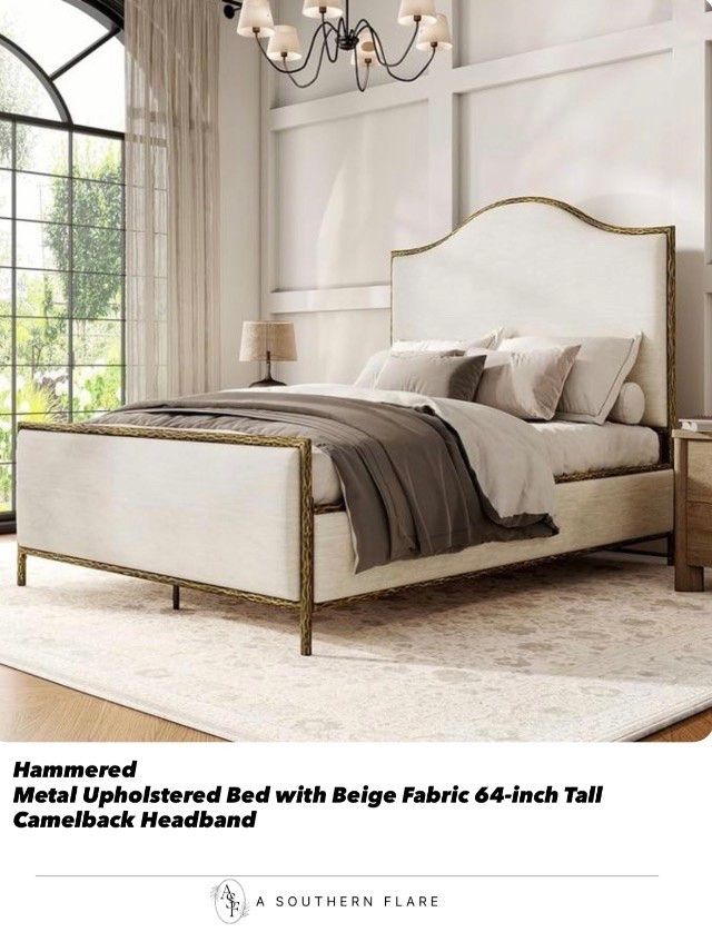 Hammered
Metal Upholstered Bed with Beige Fabric 64-inch Tall Camelback Headboard/ Home Decor accessories