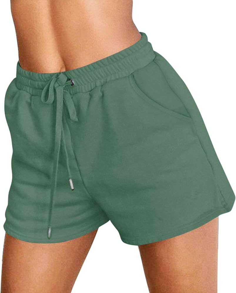 ZESICA Womens Comfy Sweat Shorts Summer Elastic Drawstring Waist Athletic Workout Beach Shorts with  | Amazon (US)