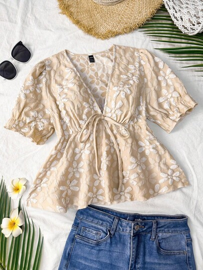 Trelyra Fashionable Chic Short Sleeve V-Neck Top For Women, Summer 2025 New Arrival Lightweight Blouse Boho Blouses Puff Sleeve Blouse V Neck Blouses For Women | SHEIN