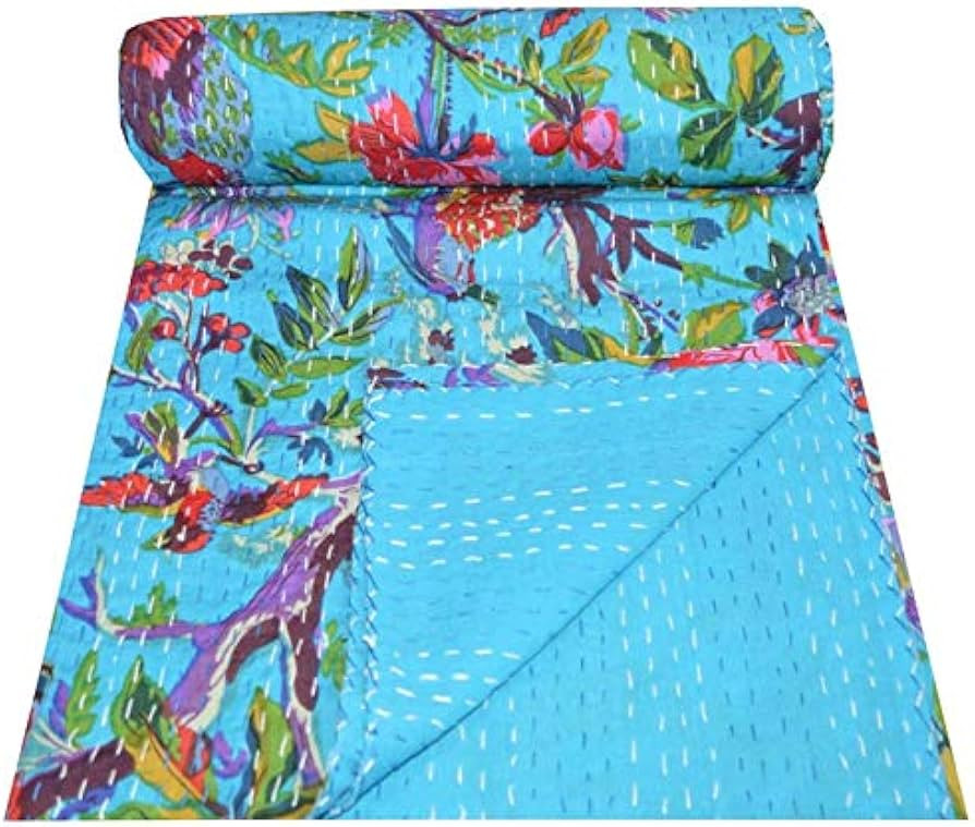 YUVANCRAFTS Indian Bird Print Kantha Quilt Twin Size Cotton Kantha Throw Kantha Bedspread Blanket... | Amazon (US)