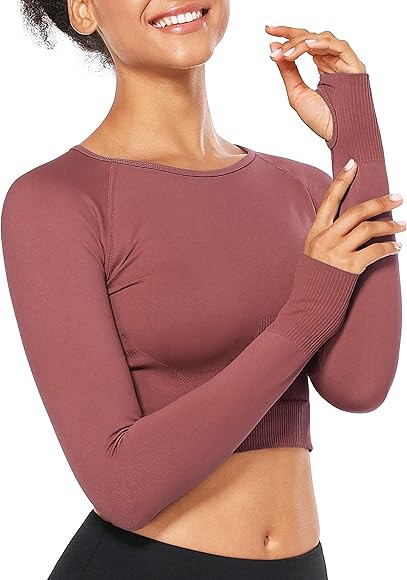 FREEYE Womens Seamless Long Sleeve Workout Crop Tops with Thumb Holes Yoga Gym Athletic Cropped Shir | Amazon (US)