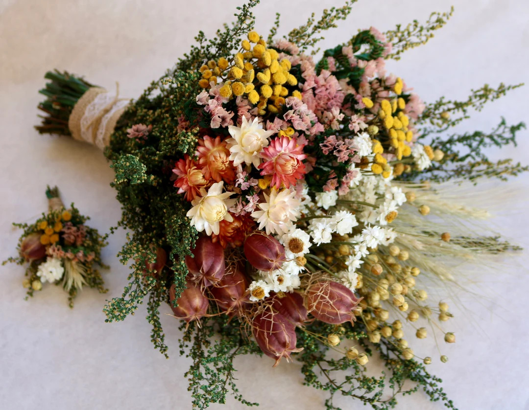 Sunset Dry Flower Bouquet, Boutonniere, Wedding Bouquet, Dried Flower Bouquet, Nigella Pods - Ets... | Etsy (US)