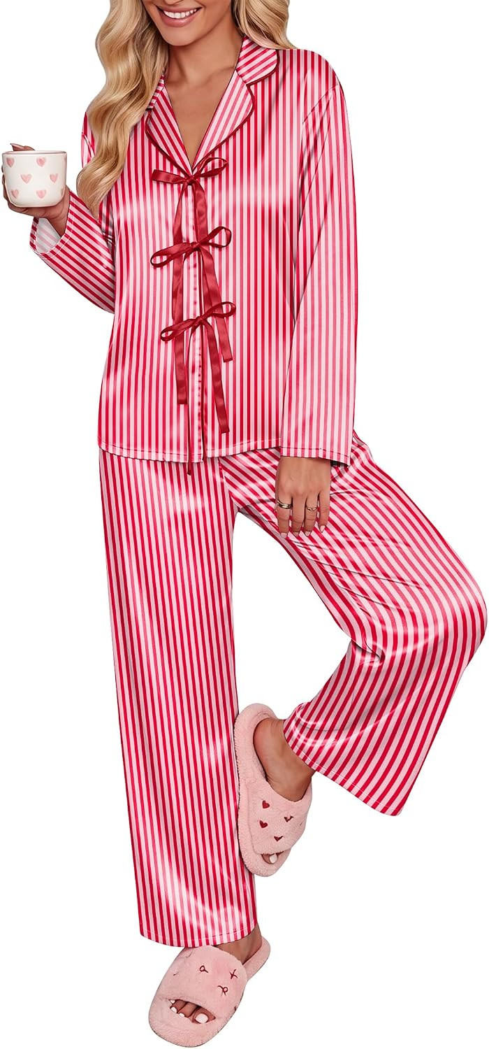 Ekouaer Womens Satin Pajamas Set Bow Tie Front Pjs Long Sleeve Lounge sets | Amazon (US)