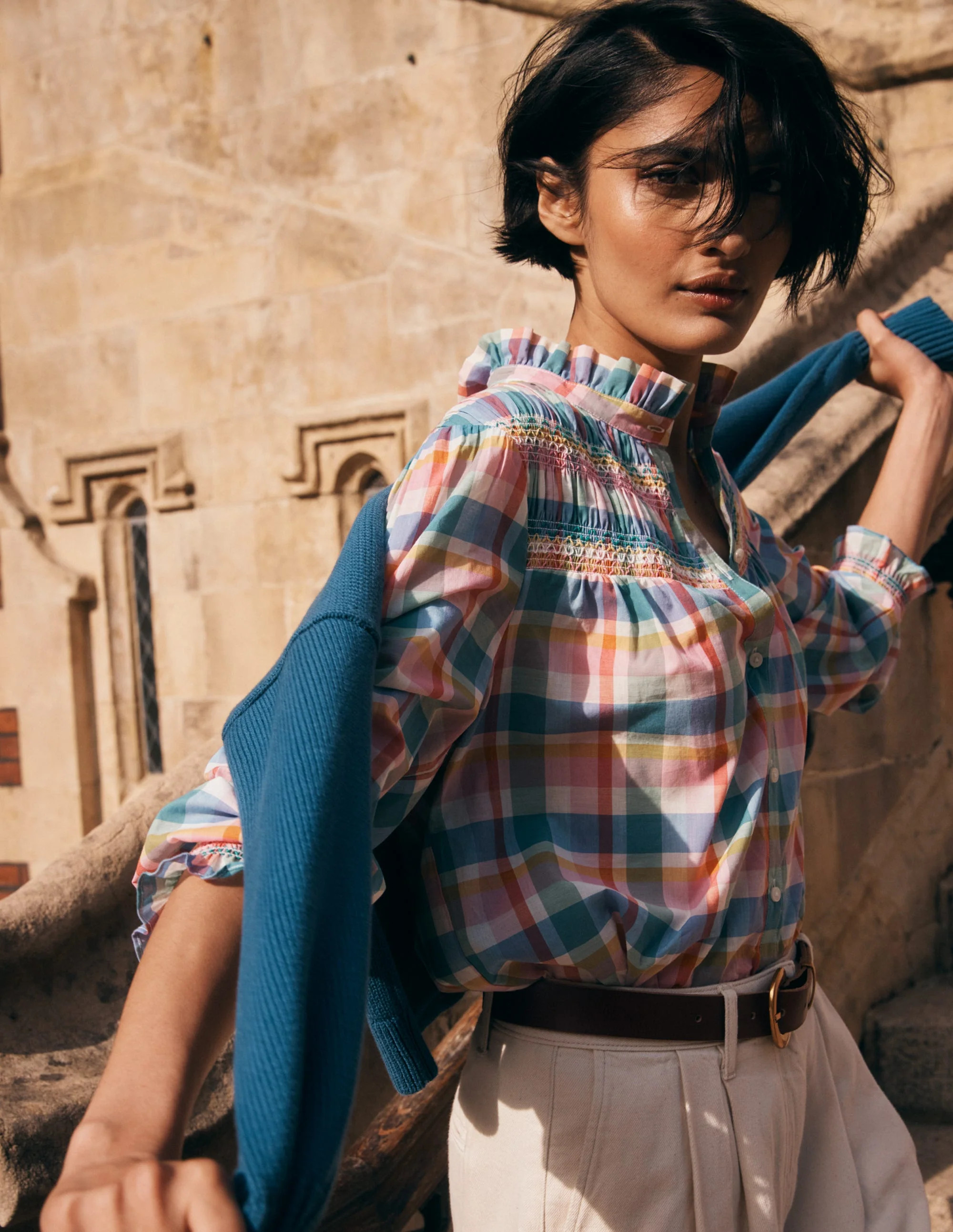 Esme Smocked Detail Frill Top-Multi Check | Boden (US)