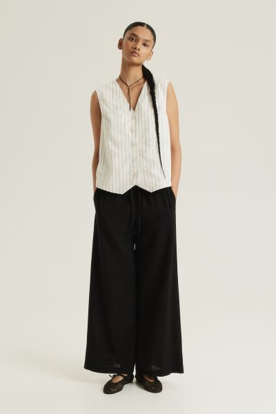 Linen-blend Suit Vest - V-neck - Long - Cream/pinstriped - Ladies | H&M US | H&M (US + CA)