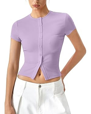 QINSEN Women's Crewneck Short Sleeve T Shirts Ribbed Button Going Out Trendy Tops | Amazon (US)