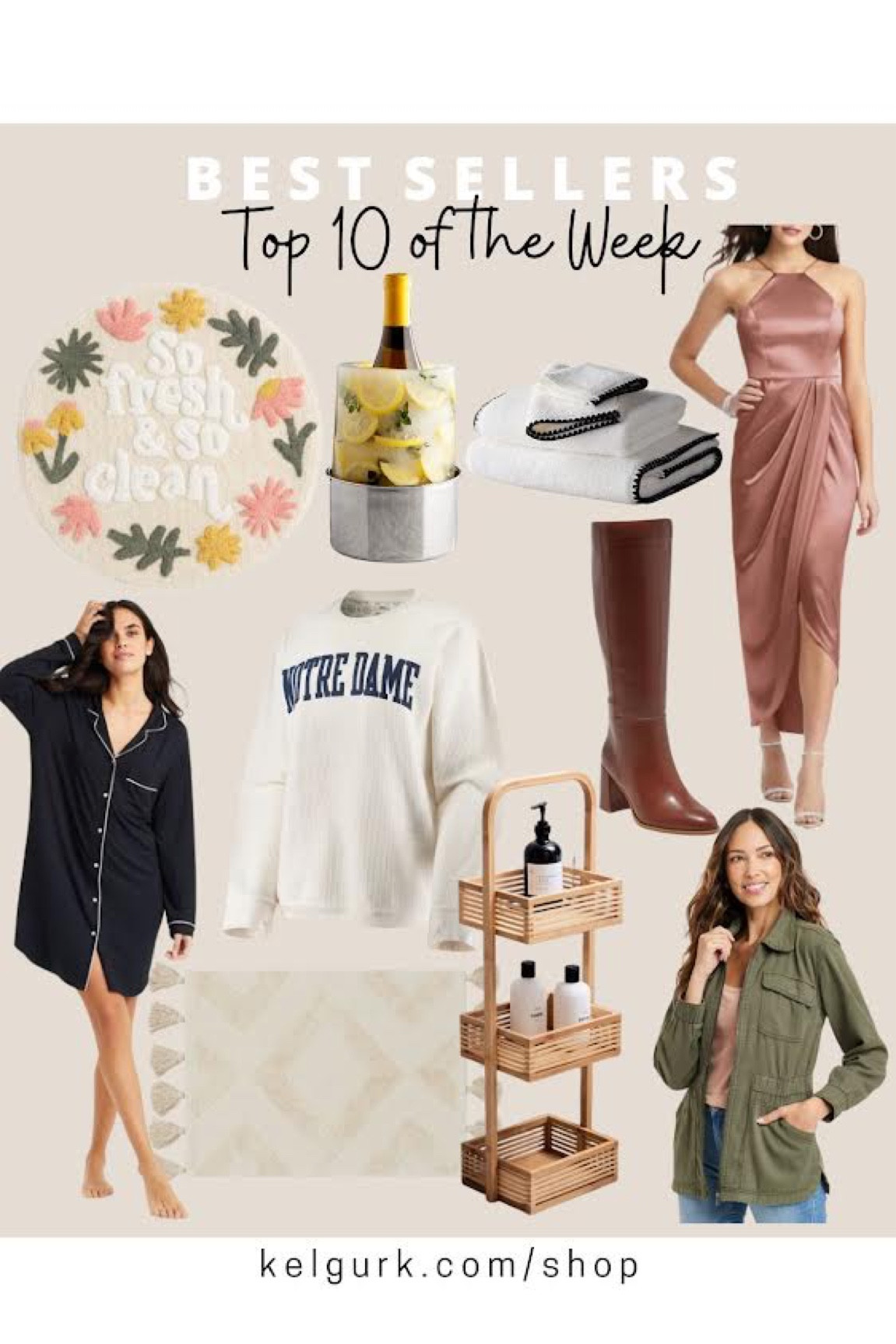 Top 10 Sellers of the Week: circle bath mat, ice wine holder, border edge towel set, silk chiffon a line wrap dress, wide calf leather boots, utility jacket (available in plus sizes) whicker bathroom caddy, tassel bath mat, long sleeve nightgown, Notre dame waffle weave crew neck tshirts 

#LTKCyberweek #LTKstyletip #LTKcurves